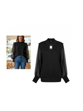 City Chic Black Mock Neck Swiss Dot Sleeve Ruffle Trim Sweater Size 22